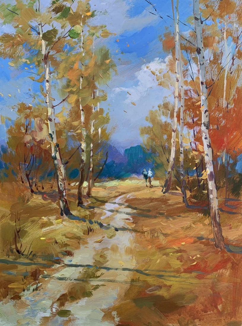 Oil painting Jogging through the autumn forest Yuriy Suprunchuk: NoAAA3654The painting "Jogging through the Autumn Forest" captures the invigorating beauty of a crisp autumn morning, where the forest bursts into vibrant colors, and the serenity of nature meets