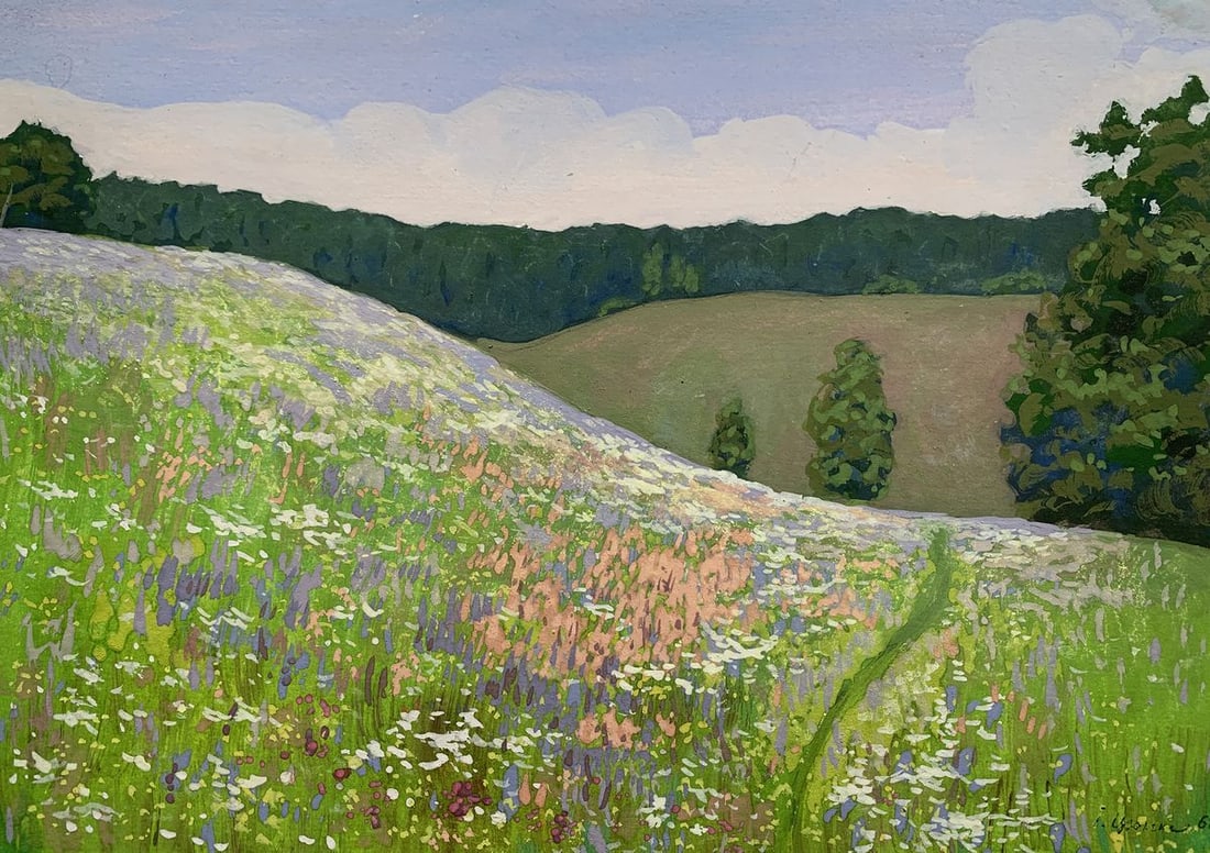 Pastel painting Walking through a flower field IvanTsyupka: No1778*** ABOUT THIS PAINTING **** TITLE: "Walking through a flower field"* ARTISTS: Ivan Kirillovich Tsyupka* SIZE: 23x32 cm/'9.05x12.59 inches' * MEDIUM: pastel, paper* HAND PAINTED: Original painti