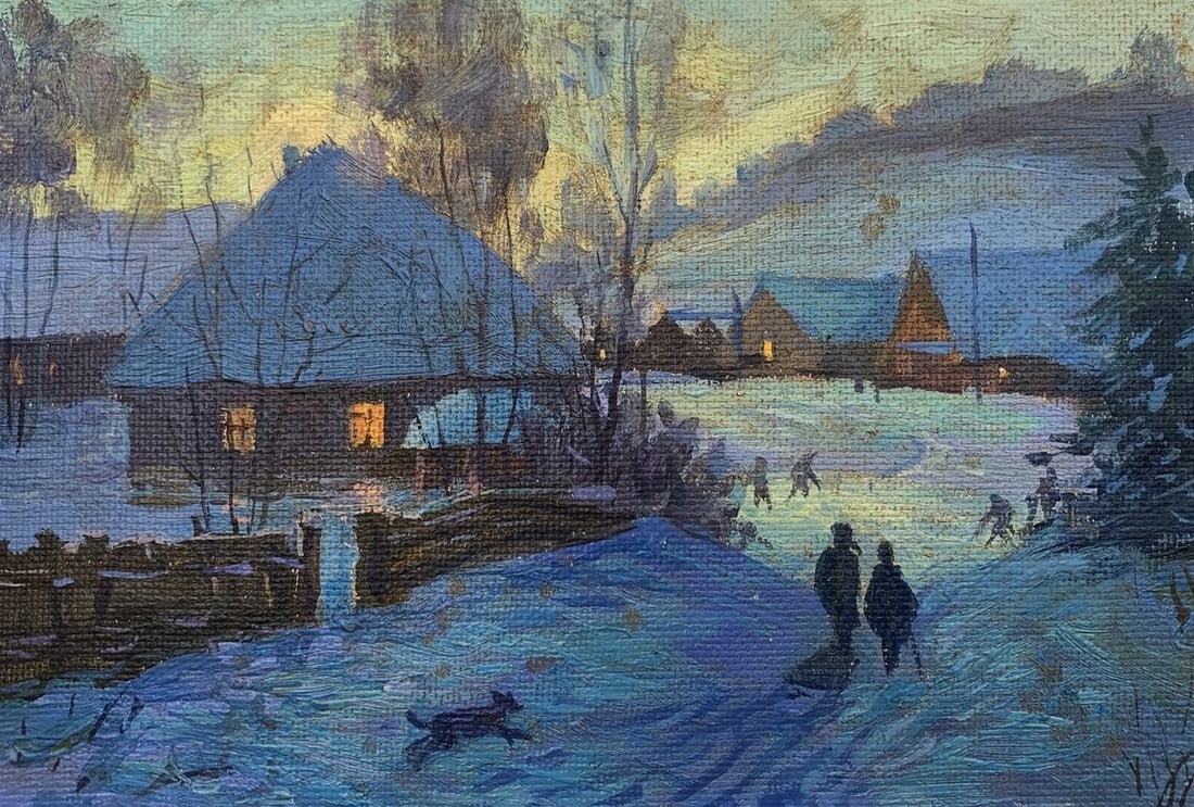 Oil painting Village shrouded in snow Unknown artist: No1814*** ABOUT THIS PAINTING **** TITLE: "Village shrouded in snow"* ARTISTS: Unknown artist* SIZE: 21x30 cm/'8.26x11.81 inches' * MEDIUM: oil, cardboard* HAND PAINTED: Original painting from our col