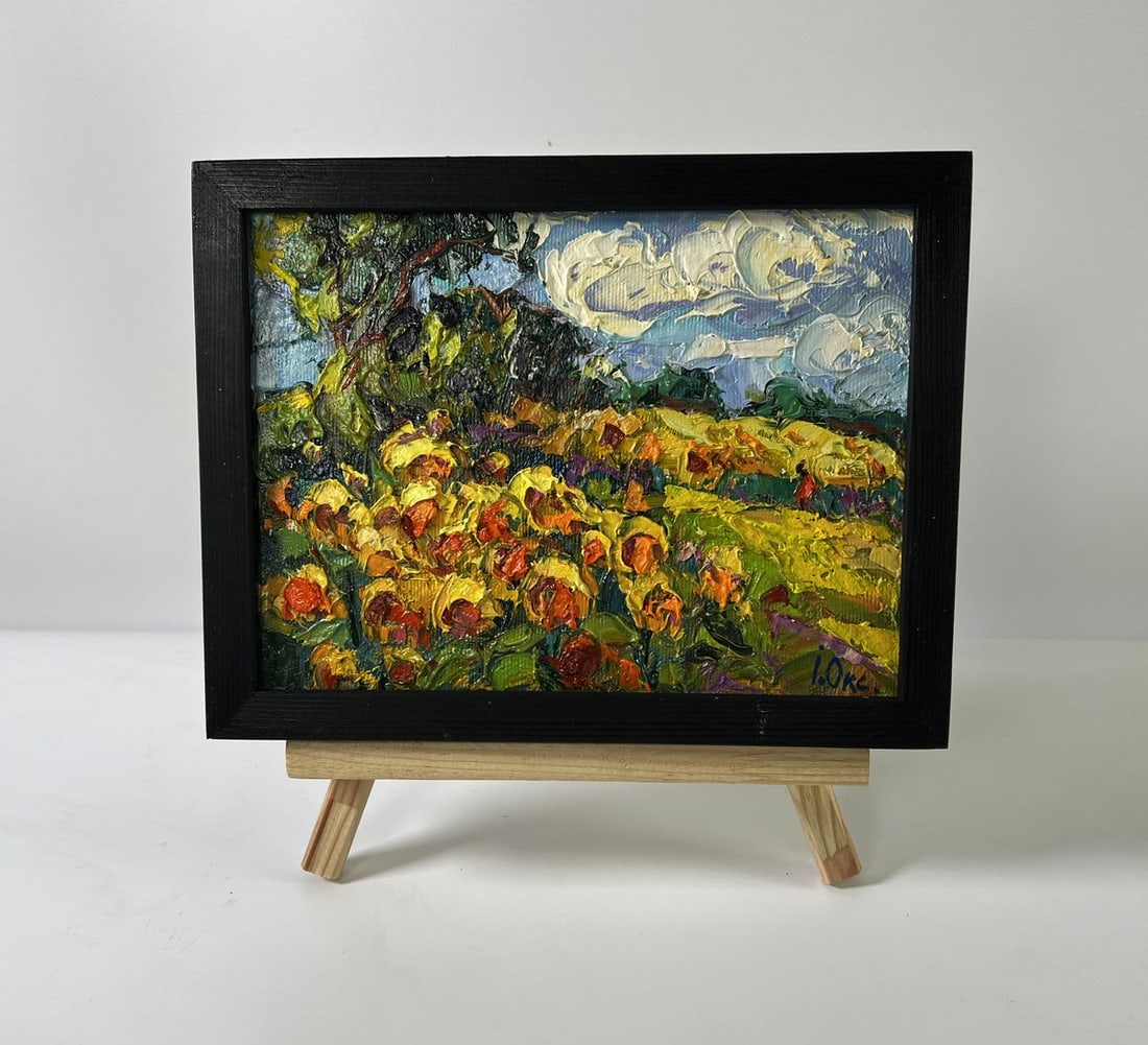 Oil painting Daytime sunflowers Oksana Ivanyuk: NoAAA5889Oil painting Daytime sunflowers Oksana Ivanyuk showcases the artist's exceptional mastery of color, light, and expressive brushwork. With thick impasto strokes, Ivanyuk brings a radiant sunfl