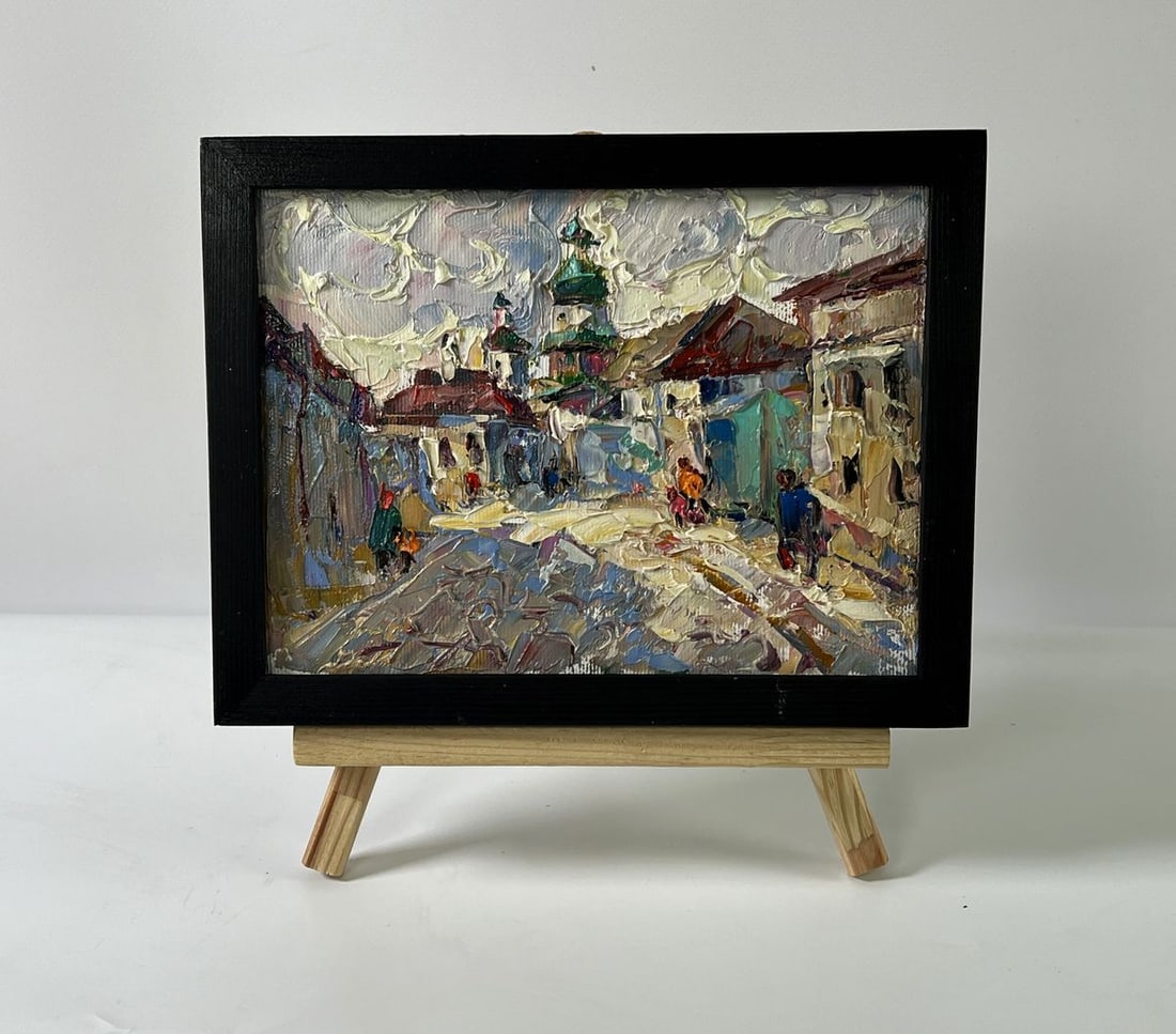 Oil painting Morning city Oleksiy Ivanyuk: NoAAA5892Oil painting Morning city Oleksiy Ivanyuk captures the atmosphere of an awakening town with masterful technique and expressive brushwork. The artist uses bold impasto layers, confident stroke