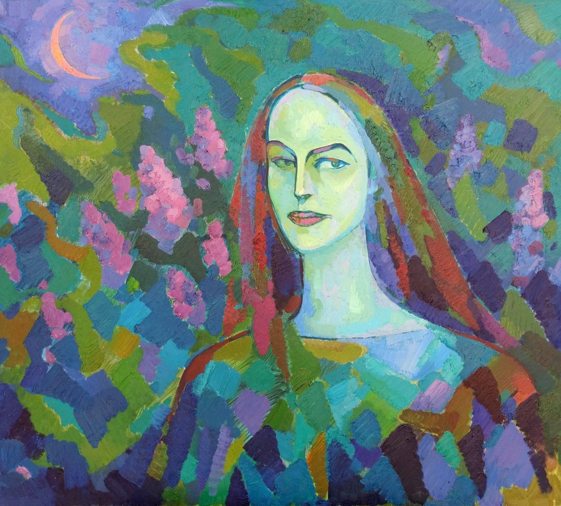 Abstract oil painting Portrait of a girl Peter Dobrev: NoDobr 32Add a touch of creativity to your home with this one-of-a-kind oil painting. "Portrait of a girl" is an abstract work of art that features a young girl surrounded by flowers and a crescent