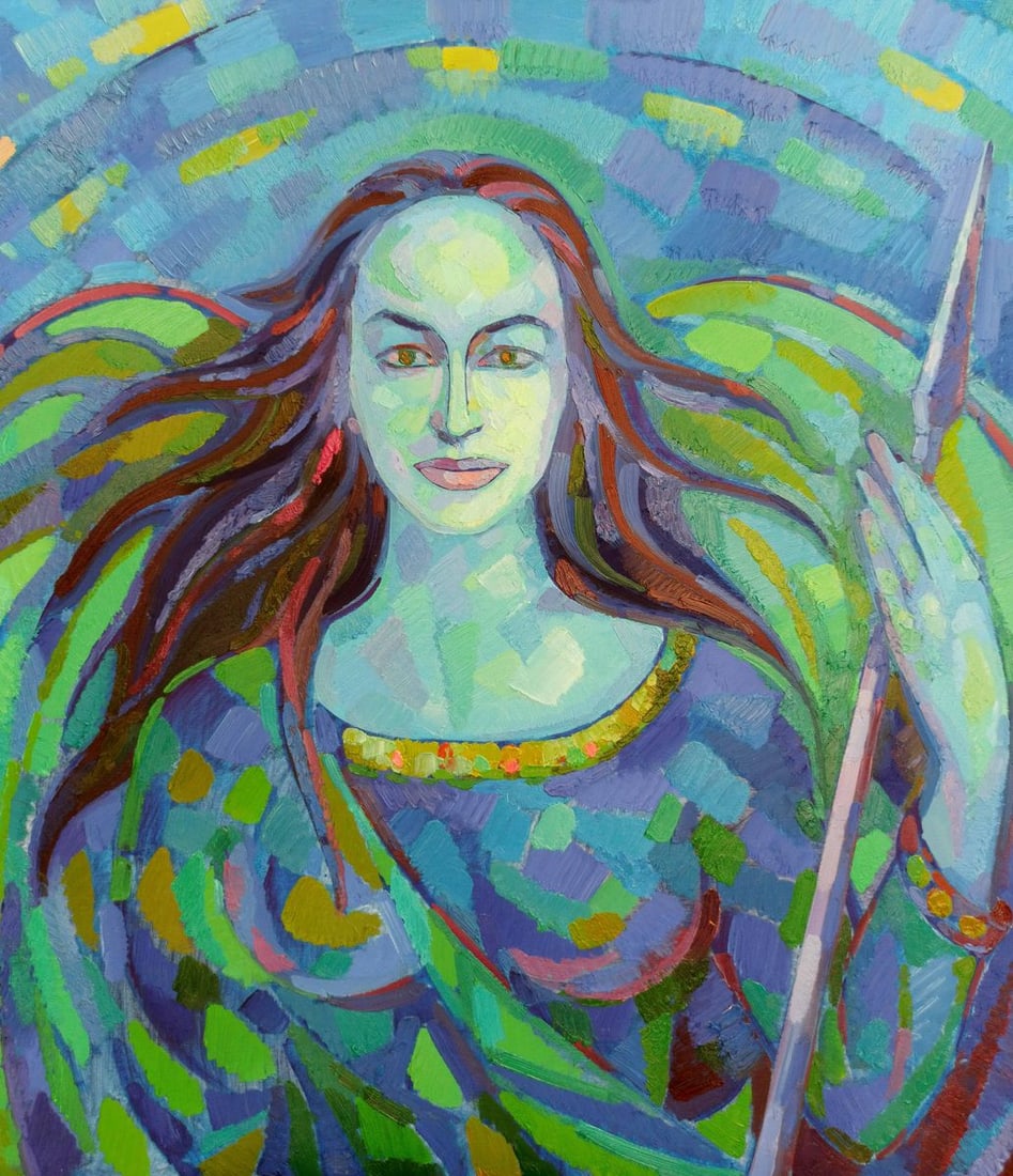 Abstract oil painting Portrait of a girl Peter Dobrev: NoDobr 77This oil painting is a beautiful and unique piece that would make a great addition to any home. The portrait of the girl is done in an abstract style, and she is holding a spear. Her long hai