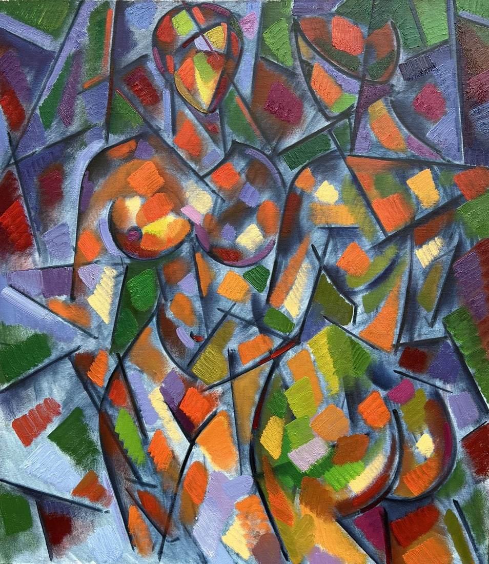 Abstract oil painting two girls Peter Dobrev: NoDobr 779This is a beautiful oil painting of two young girls. They appear to be drawn on glass, with their intricate details and bright colors. The painting has an abstract style that is sure to be