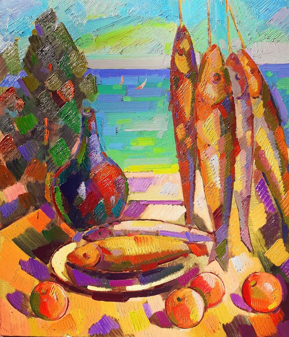 Oil painting Fish and fruit Peter Dobrev: NoDobr 854"Fish and Fruit" is a vibrant and energetic oil painting that captures the essence of a sunny day by the seaside with a dazzling display of color and form. The composition is a feast for the