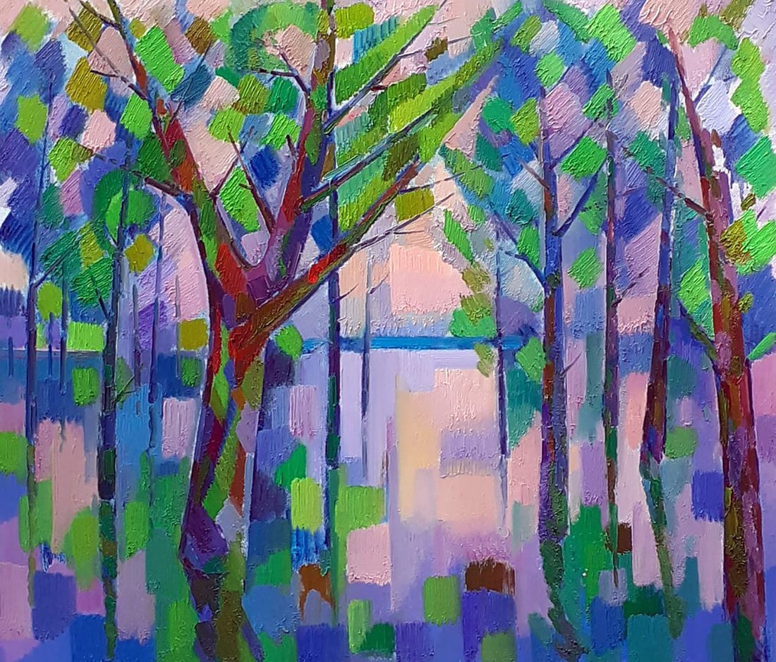 Oil painting Flood Peter Dobrev: NoDobr 868"Flood" is an expressive and vibrant oil painting that captures the interplay of nature and water through an abstract lens. The scene depicts a forest partially submerged in water, with the 