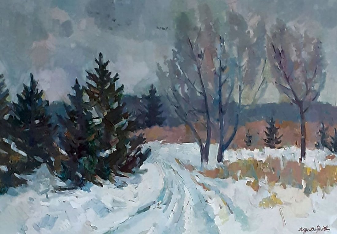 Oil painting Christmas trees covered with snow Peter Dobrev: NoDobr 876The Oil painting on Cardboard titled "Christmas trees covered with snow" captures the serene and contemplative beauty of a winter landscape, where nature seems to pause under the quiet embra