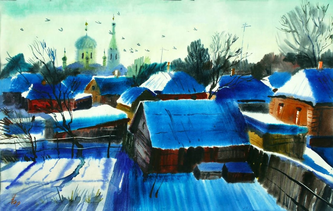 Watercolor painting Winter in Lebedyn Egor Shvachunov: NoSvash 65In the painting "Winter in Lebedyn" by the celebrated Ukrainian artist Egor Shvachunov, we see a picturesque view of a snow-covered village at dawn or dusk. The deep blues of the rooftops