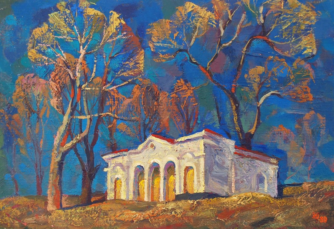 Oil painting Basic motive Egor Shvachunov: NoSvash 69In the painting "Basic Motive" by renowned Ukrainian artist Egor Shvachunov, a glowing white architectural structure stands amidst a forest of tall, expressive trees painted in dynamic