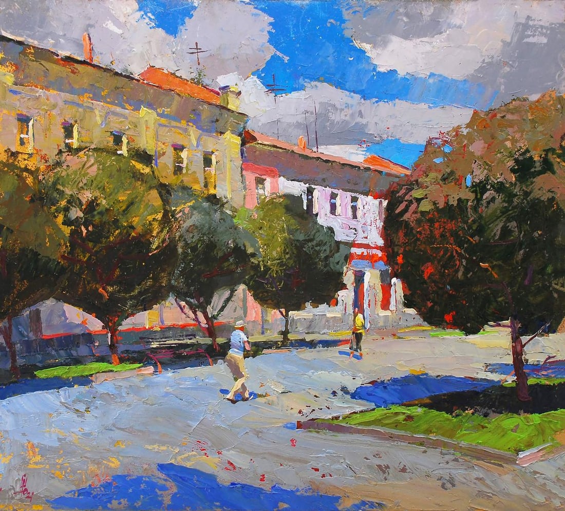 Oil painting Summer in the city Egor Shvachunov: NoSvash 84In "Summer in the City", renowned Ukrainian artist Egor Shvachunov captures the lively spirit and warmth of an ordinary urban day. With thick, expressive brushstrokes and bold, contrasting