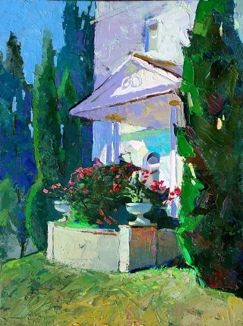 Oil painting Summer sketch Egor Shvachunov: NoSvash 89This vibrant painting captures the warmth and freshness of a summer day. The composition focuses on a sunlit garden corner, with a bright white facade of a classical structure surrounded by 
