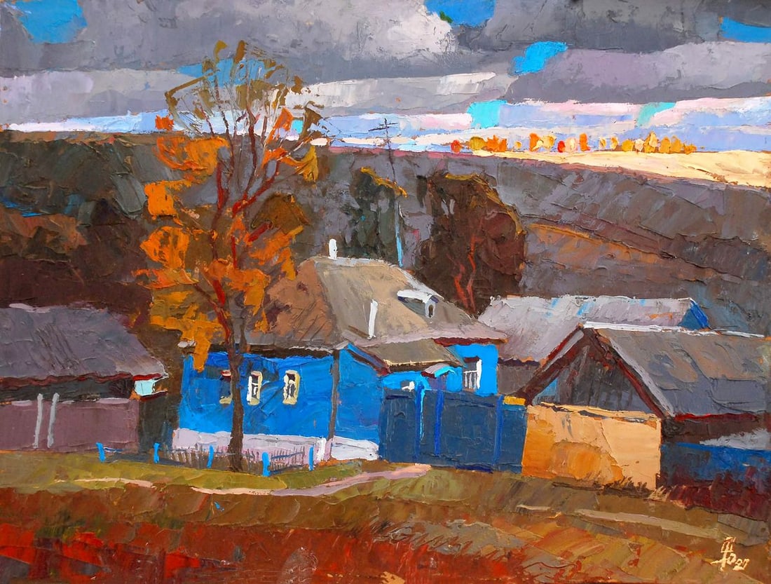 Oil painting The last ray Egor Shvachunov: NoSvash 91This painting captures the fleeting beauty of the final moments of daylight as the setting sun casts a warm, golden glow over a quiet Ukrainian village. The vivid blue of the wooden houses