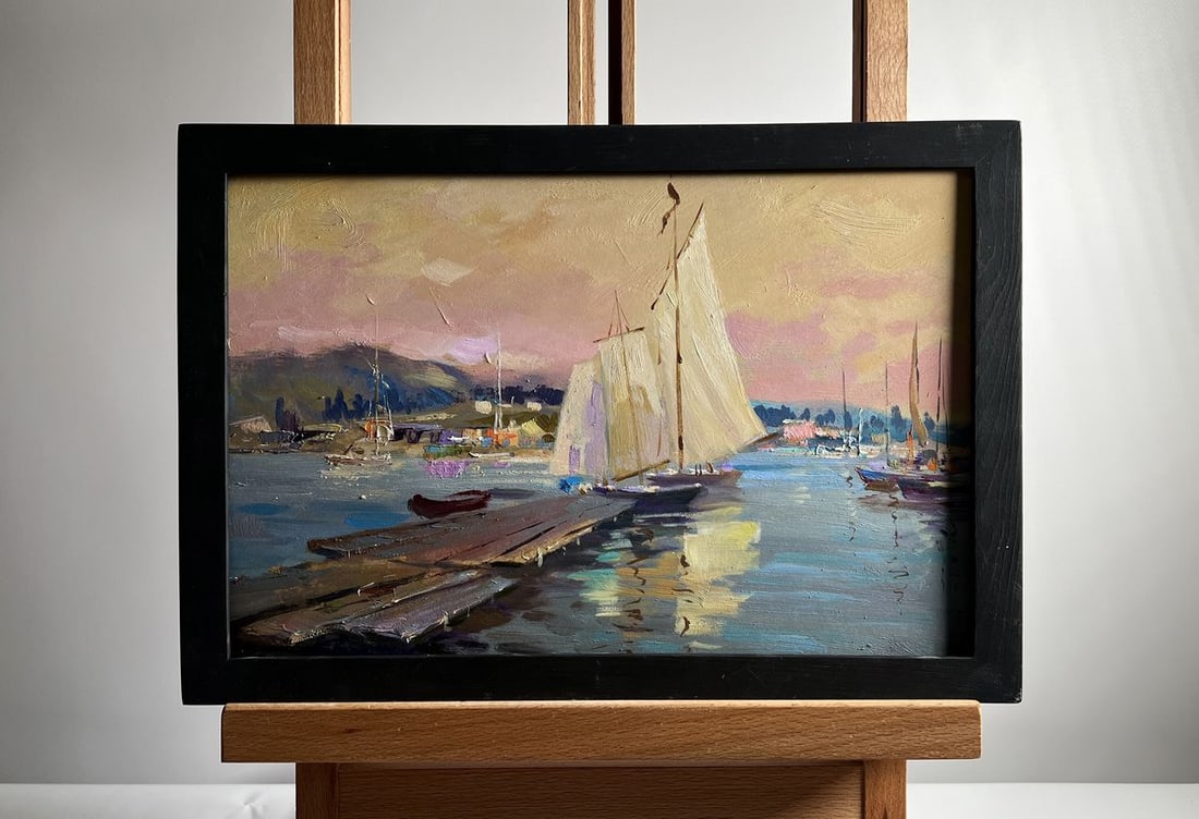 Oil painting Scarlet sunset on the ferry Yuriy Suprunchuk: NoAAA4133The oil painting on cardboard, titled "Scarlet Sunset on the Ferry", captures a picturesque harbor scene bathed in the warm hues of an evening sky. The artist uses a delicate impressionistic