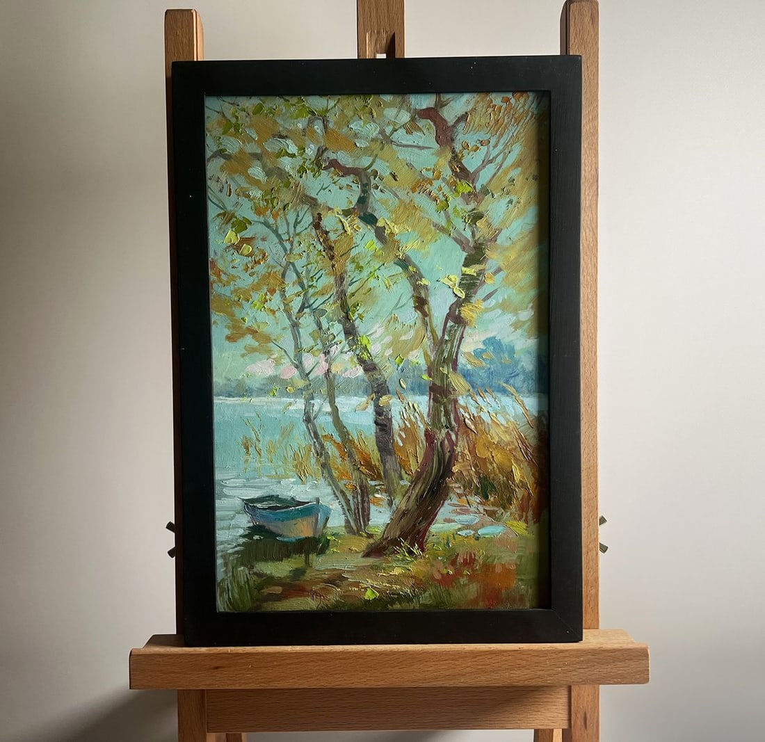 Oil painting Windy weather by the river Yuriy Suprunchuk: NoAAA4165The painting titled "Windy weather by the river" masterfully captures the dynamic movement of nature as a strong breeze rustles the leaves of the trees and creates ripples on the water's surf