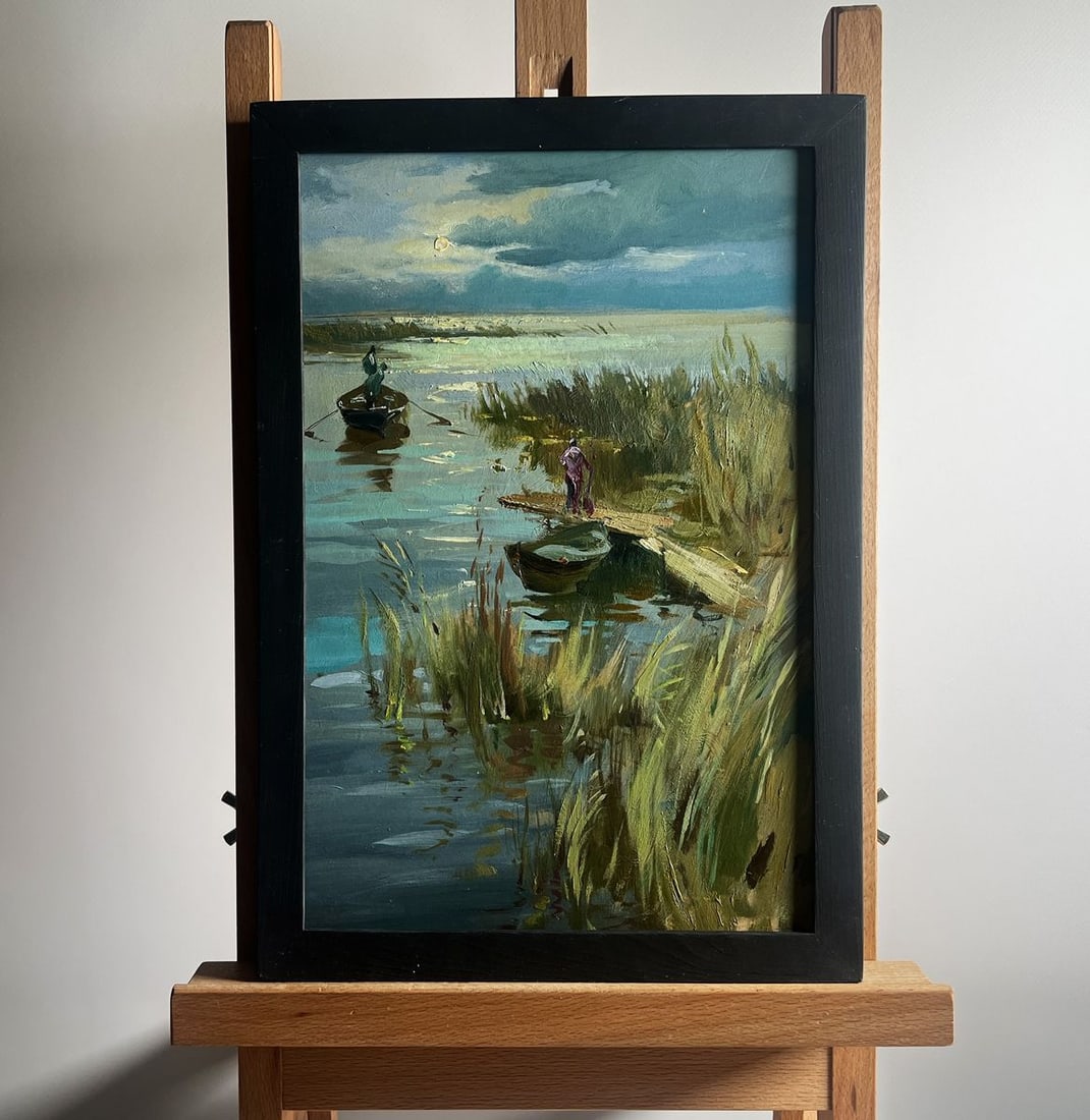 Oil painting Seeing off the sunset Yuriy Suprunchuk: NoAAA4169The painting titled "Seeing off the sunset" captures a poetic moment at the edge of a tranquil waterway, where the golden light of the setting sun gently reflects off the rippling surface.