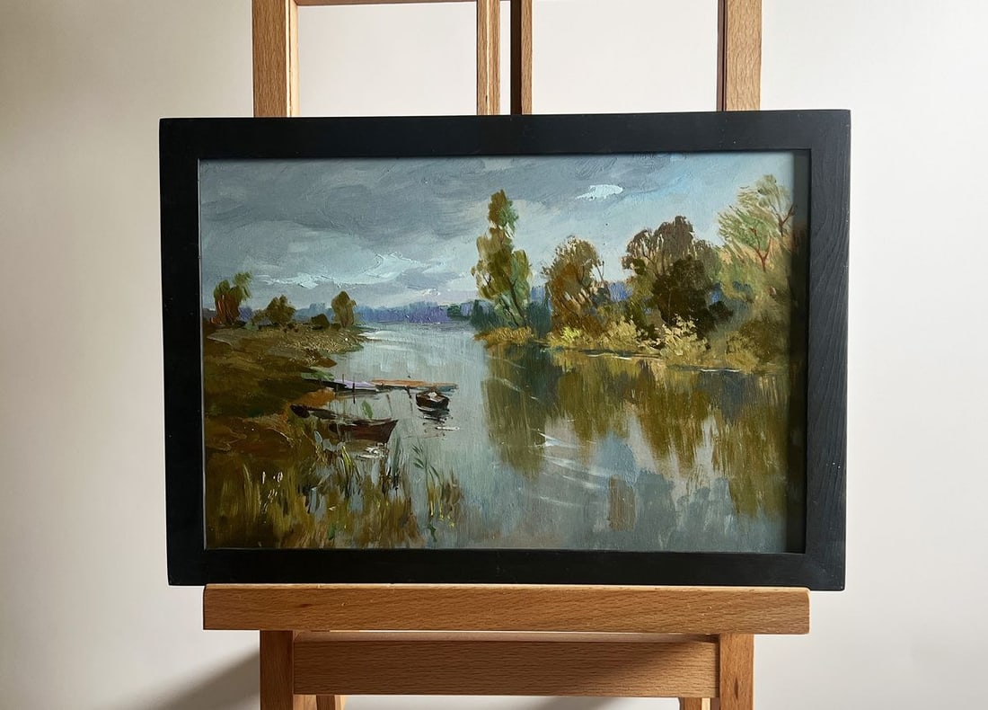 Oil painting Ferry on a long river Yuriy Suprunchuk: NoAAA4177The painting titled "Ferry on a long river" beautifully captures a tranquil moment on a vast and meandering waterway, where nature and human activity harmoniously coexist. The river, stretchi