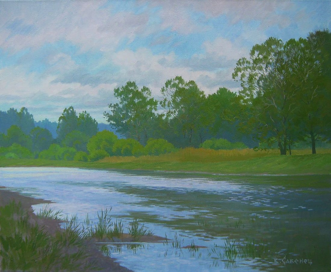 Oil painting On the summer lake Valery Savenets: NoSav 356Oil painting On the summer lake Valery Savenets reveals the calm beauty of nature through the refined mastery of the artist. Soft transitions of blue and green tones, precise composition, and