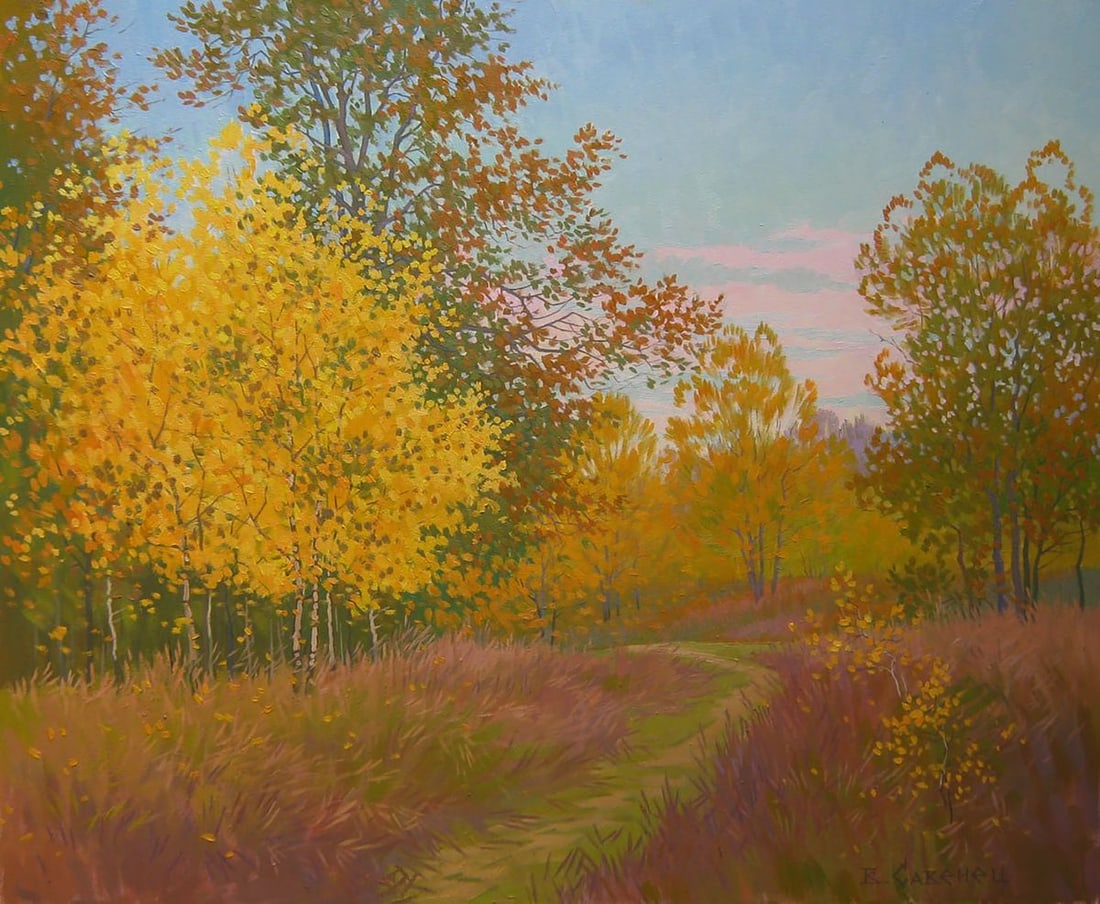 Oil painting Golden autumn nature Valery Savenets: NoSav 358Oil painting Golden autumn nature Valery Savenets reveals the artist's exceptional mastery in depicting seasonal beauty and subtle mood. Warm golden tones, delicate pink skies, and carefully