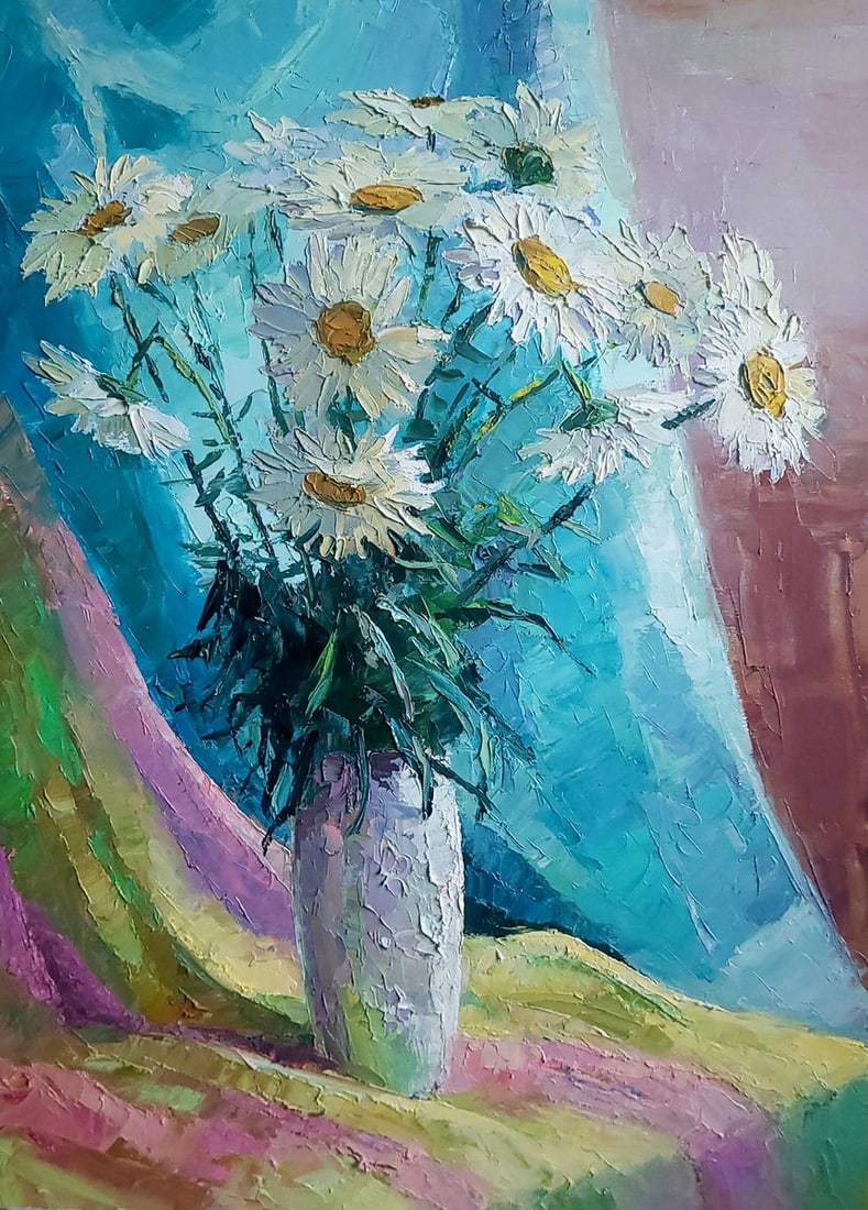 Oil painting Chamomile Boris Serdyuk: NoSERB 1104The painting titled "Chamomile" captures the timeless beauty and simplicity of nature through a delicate bouquet of chamomile flowers displayed in a white vase. Using expressive