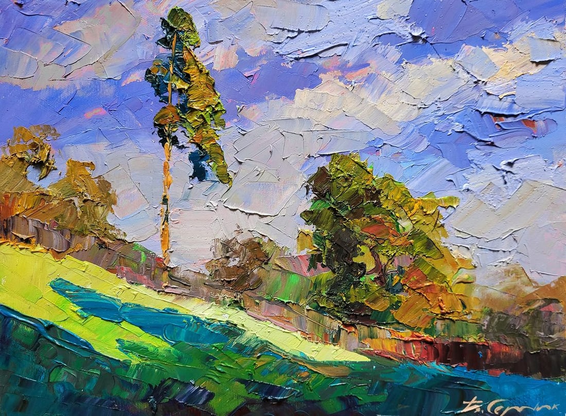 Oil painting The last days of summer Boris Serdyuk: NoSERB 1114The painting titled "The Last Days of Summer" captures a serene landscape scene filled with vibrant colors and the subtle transition from summer to autumn. The composition focuses on a sunl