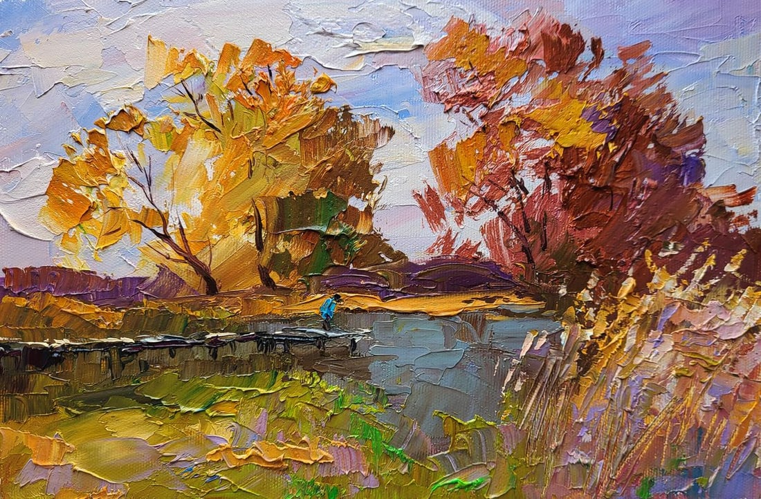 Oil painting On the autumn river Boris Serdyuk: NoSERB 1170The oil painting on canvas titled "On the Autumn River" is a vivid and emotionally resonant portrayal of a tranquil moment in the heart of fall. With bold palette knife strokes and expressi