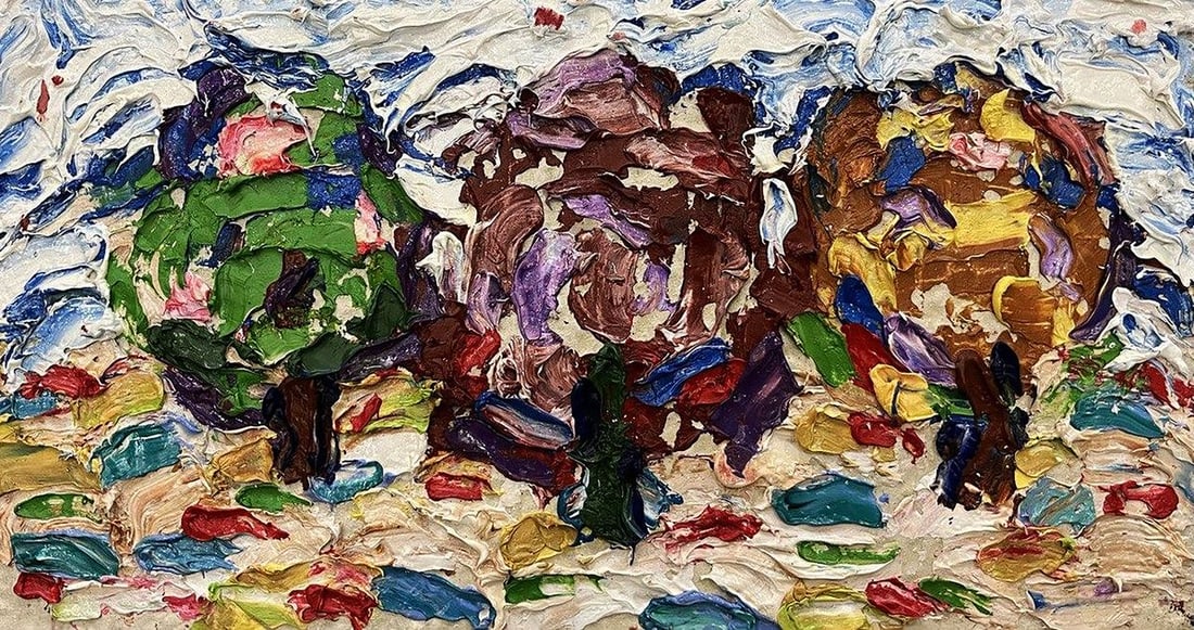Oil painting Trees by season Oleksiy Dakhnenko: NoGaller 24"Trees by Season" by Oleksiy Dakhnenko is a vibrant, abstract representation of nature's cyclical changes through the depiction of three distinct trees, each symbolizing a different