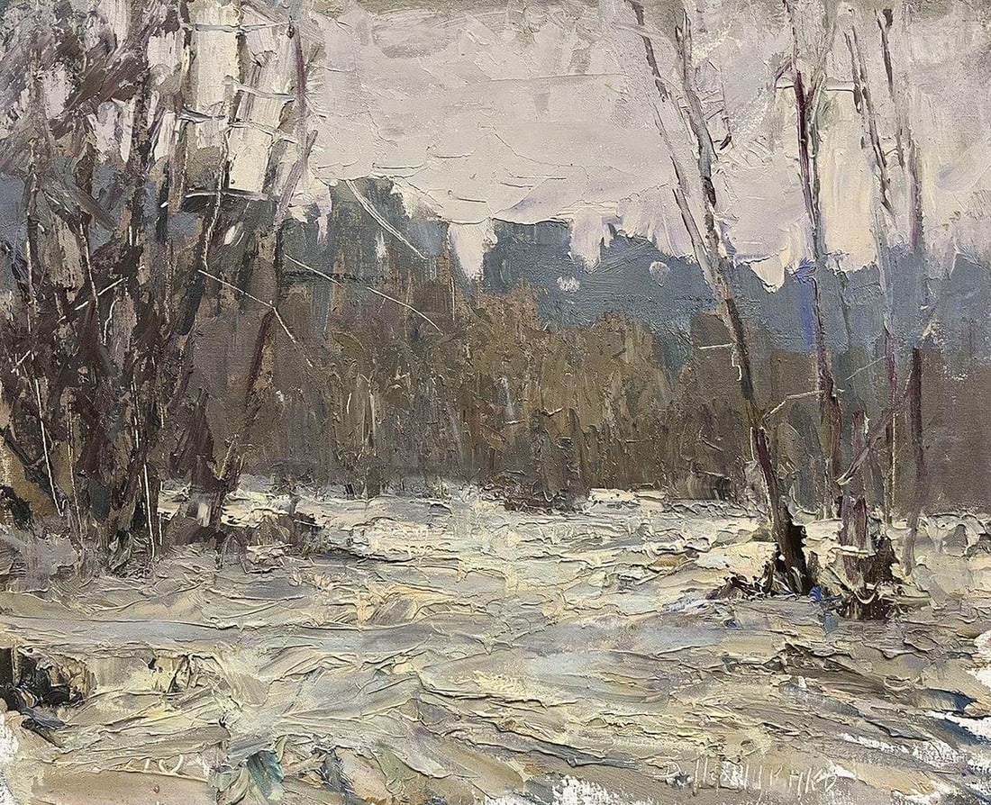Oil painting It snowed in the forest Volodymyr Pashchenko: NoGaller 118"It Snowed in the Forest" by the celebrated Ukrainian artist Volodymyr Pashchenko is a contemplative winter landscape that immerses the viewer in the quiet aftermath of fresh snowfall. Thr