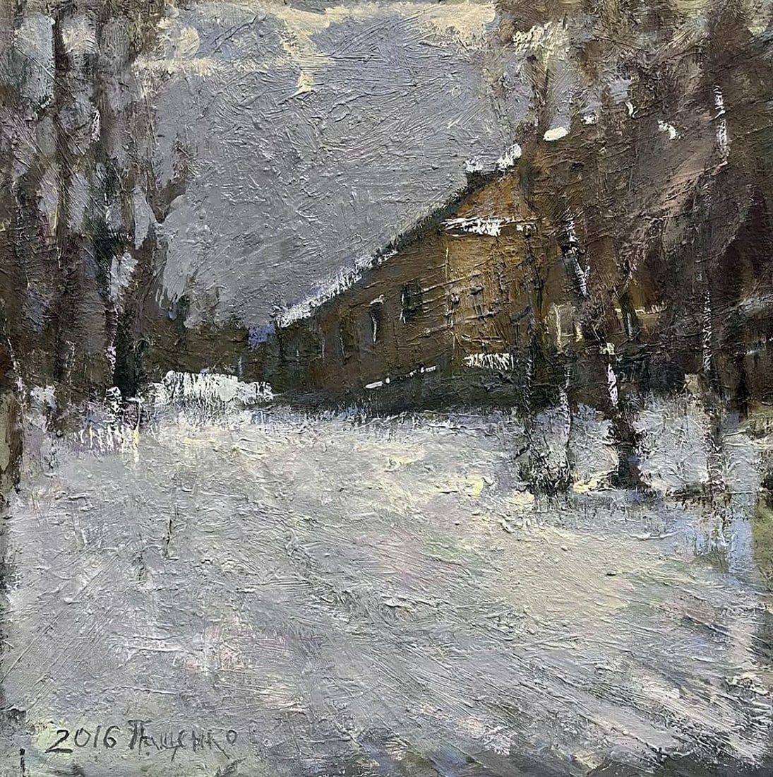 Oil painting City alleys Volodymyr Pashchenko: NoGaller 120"City Alleys" by renowned Ukrainian artist Volodymyr Pashchenko captures a quiet winter street in a muted urban landscape. Painted with expressive, textured strokes, the scene depicts a lo