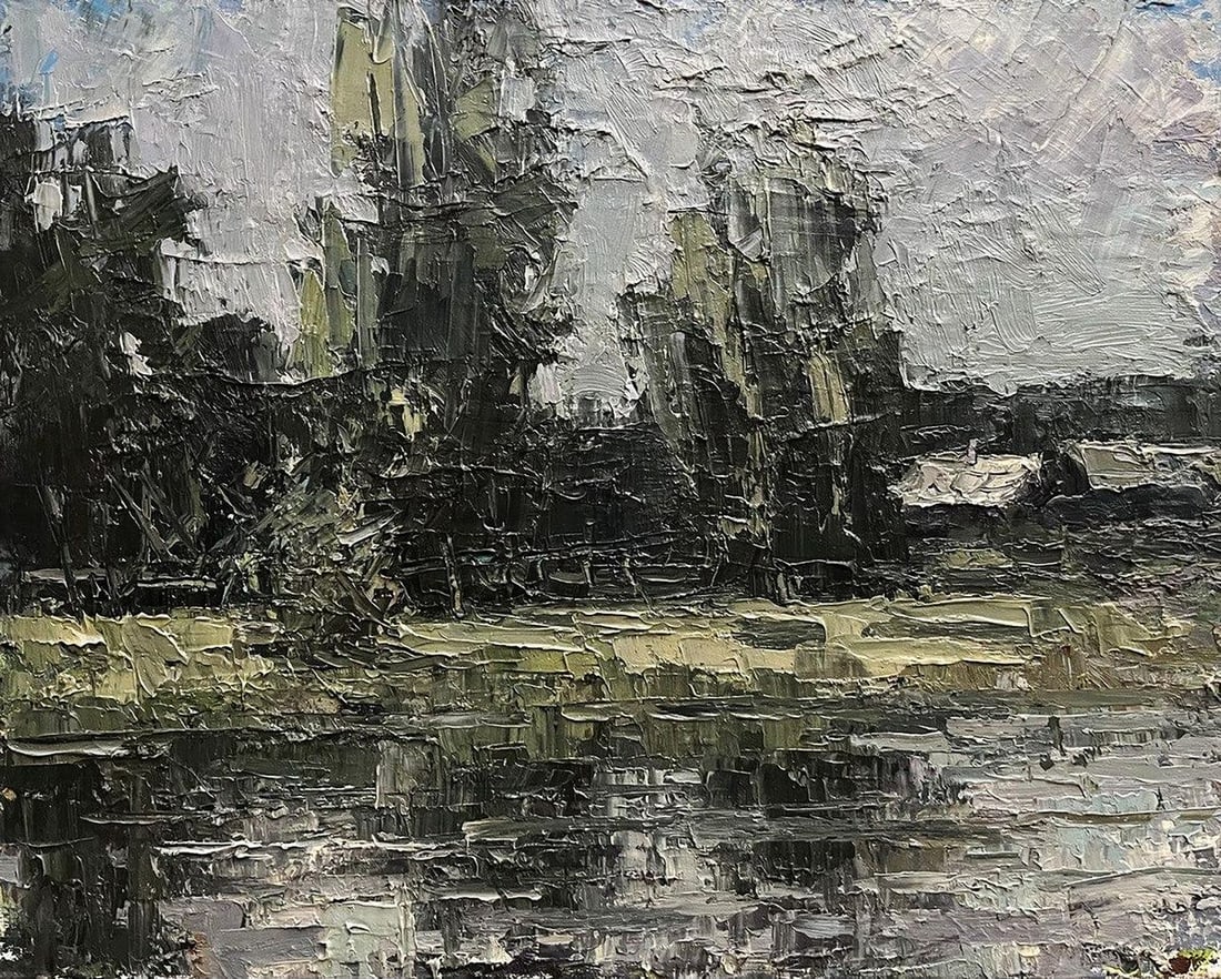 Oil painting River Etude Volodymyr Pashchenko: NoGaller 121"River Etude" by renowned Ukrainian artist Volodymyr Pashchenko is a contemplative and textured study of a tranquil riverside landscape. With his signature impasto technique, the artist