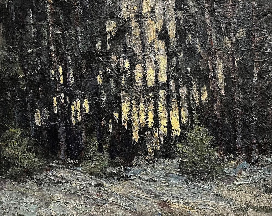 Oil painting Early snow Volodymyr Pashchenko: NoGaller 124"Early Snow" by celebrated Ukrainian artist Volodymyr Pashchenko is a poignant depiction of the forest at the quiet threshold of winter. Rendered in a richly textured impasto technique, th
