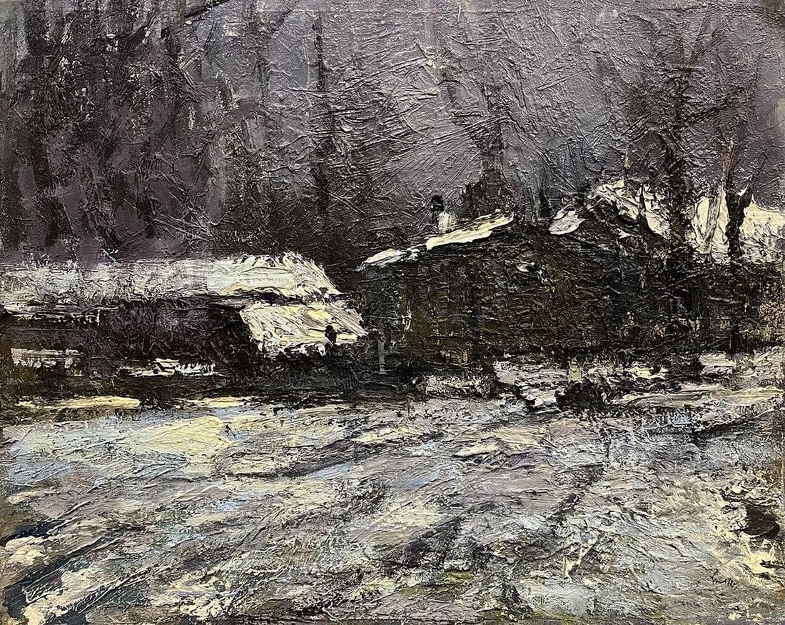 Oil painting Sketch under the village Volodymyr Pashchenko: NoGaller 126"Sketch under the Village" by the renowned Ukrainian artist Volodymyr Pashchenko is a raw and expressive winter landscape that captures the essence of rural solitude. Executed with bold im