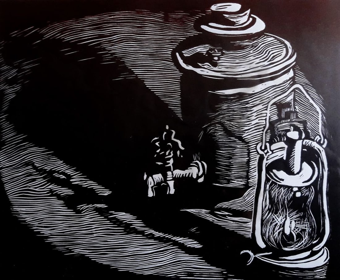 Painting Still life with a dark samovar Vasily Korkishko: NoKork 181*** ABOUT THIS PAINTING **** TITLE: "Still life with a dark samovar" * ARTISTS: Vasily Korkishko* SIZE: 16.5x20 cm/'6.49x7.87 inches'* MEDIUM: linocut* HAND PAINTED: Original painting from