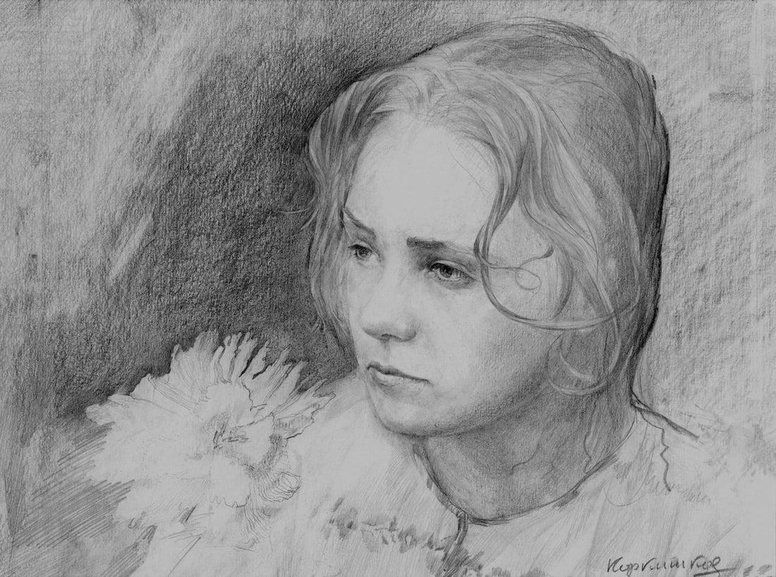 Pencil painting Portrait of a wife Vasily Korkishko: NoKork 183*** ABOUT THIS PAINTING **** TITLE: "Portrait of a wife" * ARTISTS: Vasily Korkishko* SIZE: 19x25 cm/'7.48x9.84 inches'* MEDIUM: pencil, paper* HAND PAINTED: Original painting from our