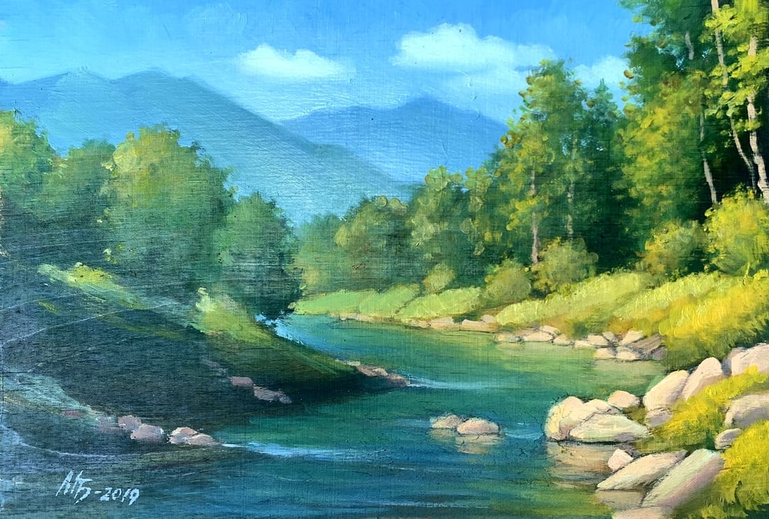 Oil painting Mountain river Mykhailo Burdylo: NoAAA3428The oil painting titled "Mountain River" captures the calm and serene beauty of a river winding through a mountainous landscape. The painting depicts a peaceful scene where a clear, green-blu