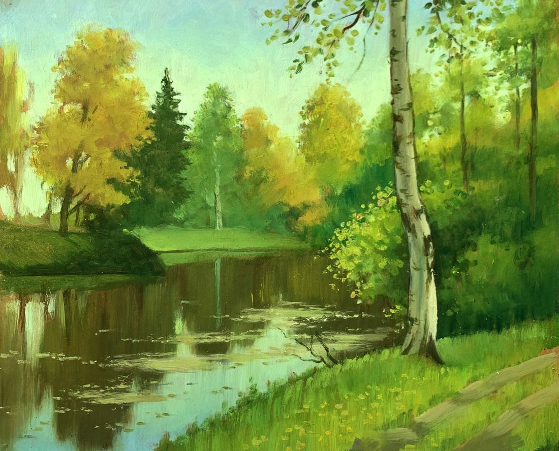 Oil painting Forest park Mykhailo Burdylo: NoAAA3434The oil painting titled "Forest Park" captures a serene and picturesque scene of a quiet park nestled within a lush forest. The composition centers around a calm river that winds through the 