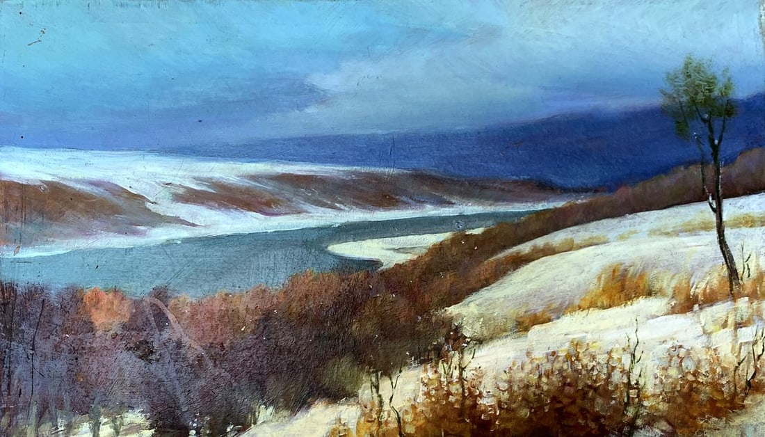 Oil painting The field was covered with snow Mykhailo Burdylo: NoAAA3435The oil painting titled "The Field Was Covered with Snow" captures a quiet winter landscape, where rolling hills and fields are blanketed in a soft layer of snow. The composition evokes a sen