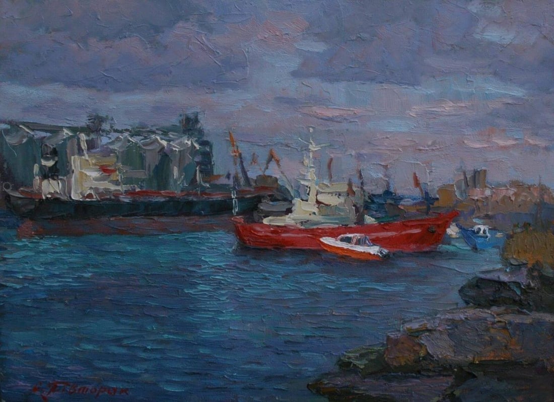 Oil painting Boat mooring S. Dirtorak: NoPivt 25*** ABOUT THIS PAINTING **** TITLE: "Boat mooring"* ARTISTS: S. Dirtorak * SIZE: 30.8x41.5 cm/'11.81x16.14 inches' * MEDIUM: oil, cardboard* HAND PAINTED: Original painting from our