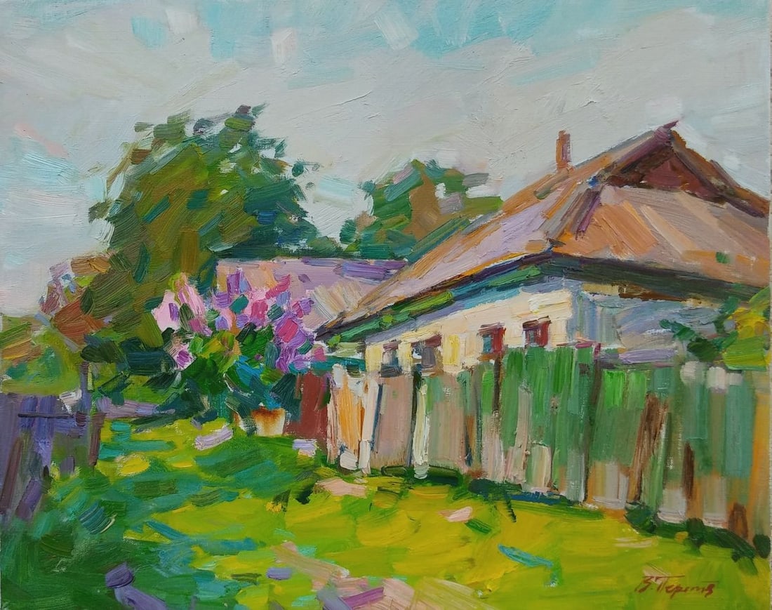 Oil painting May Tepeta Miacheslav: NoTep 64"Blooming May in the Village" by Ukrainian artist Vyacheslav Pereta is a colorful and lively depiction of a quiet village scene in the spring. The painting captures the charm of a rural home, 