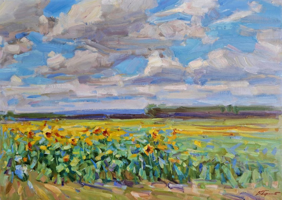 Oil painting Field of sunflowers Vyacheslav Pereta: NoTep 144"Field of Sunflowers" is a vivid oil painting that celebrates the joy and exuberance of summer. The artist has rendered the field with a lively and expressive brushwork, creating a sense of