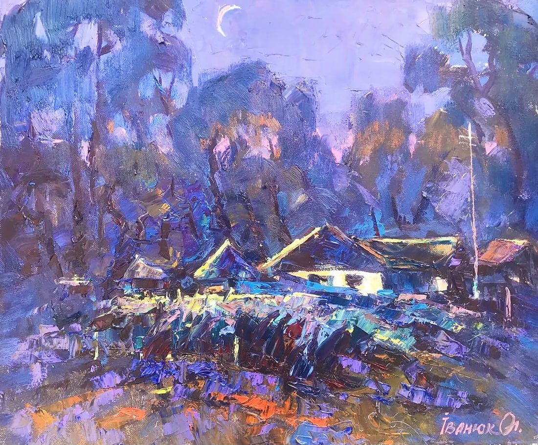 Oil painting At midnight Kalenyuk Alex: NoKalen 518This oil painting, "At Midnight", is an absolutely stunning piece that is sure to grab attention and garner admiration. The artist has done an amazing job of capturing the moonlit village