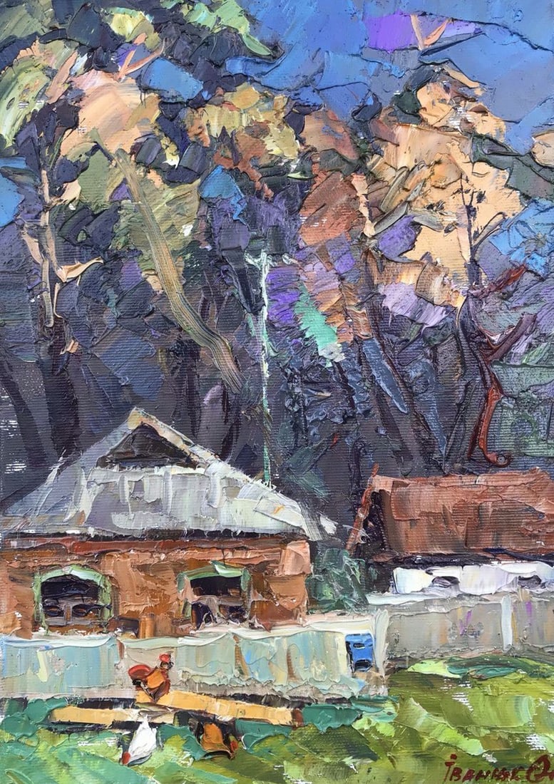 Oil painting Autumn on the street Kalenyuk Alex: NoKalen 784Autumn is a wonderful time of year, and this oil painting captures its beauty perfectly. The rural street is lined with green grass and trees, and the chickens add a touch of whimsy. This