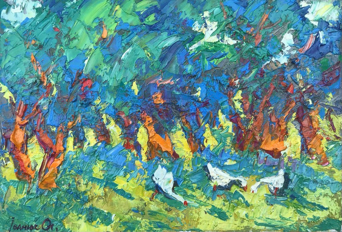 Oil painting In the shade of the garden Kalenyuk Alex: NoKalen 825In the oil painting "In the shade of the garden", we can see an idyllic orchard with a lush lawn and geese waddling around. The light casts a shadow on the grass, making the scene all the