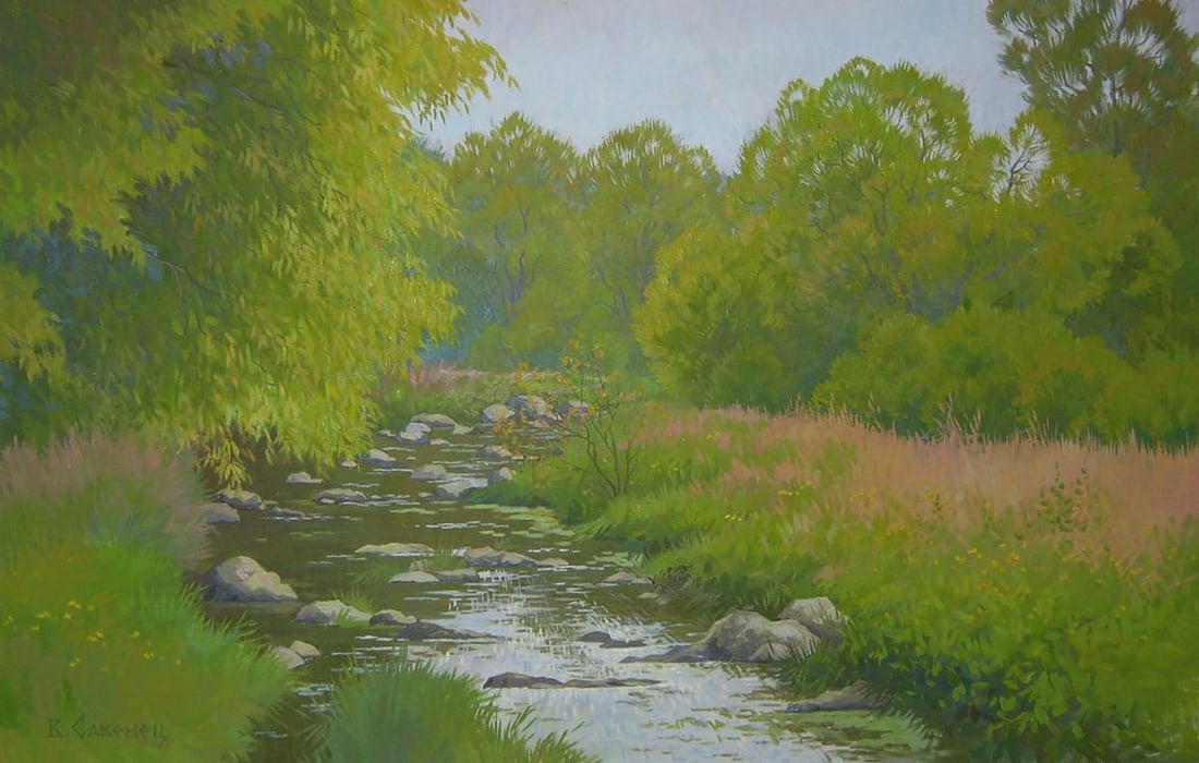 Oil painting The river flows through the forest Valery Savenets: NoSav 365Oil painting The river flows through the forest Valery Savenets reveals the artist's exceptional mastery of landscape painting and subtle realism. With delicate brushwork and refined color tr