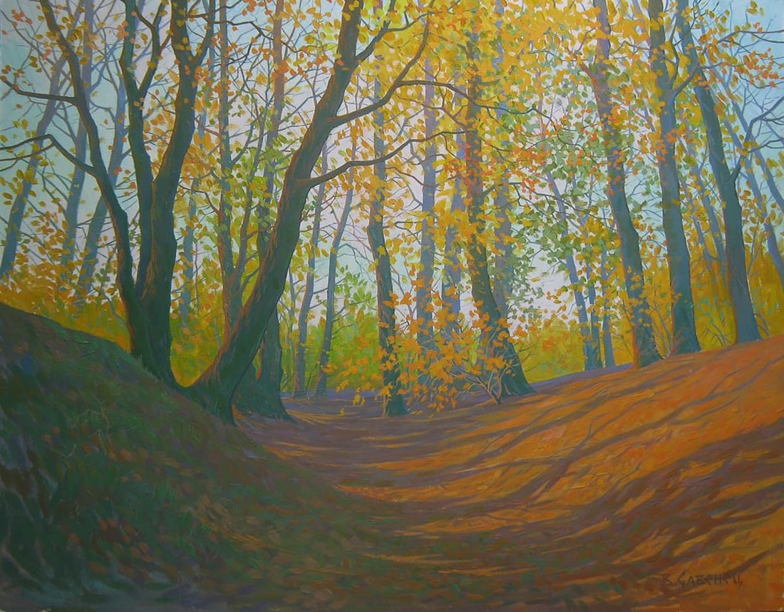 Oil painting Autumn sunny day Valery Savenets: NoSav 375Oil painting Autumn sunny day Valery Savenets is a masterful depiction of a forest immersed in warm golden light. The artist skillfully captures the richness of autumn foliage, using a harmon