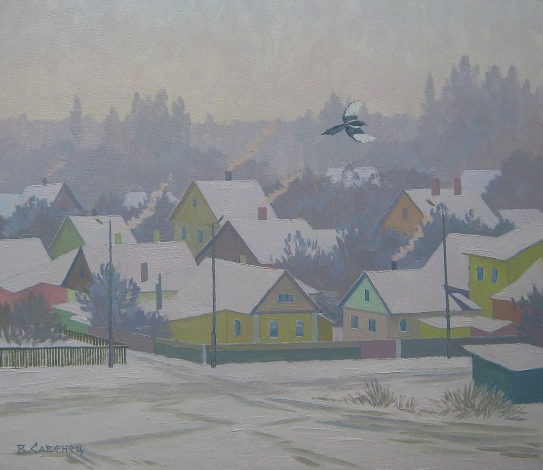 Oil painting City in the snow Valery Savenets: NoSav 378Oil painting City in the snow Valery Savenets presents a refined winter cityscape filled with quiet movement and subtle emotion. The artist masterfully conveys the atmosphere of a snowy morni
