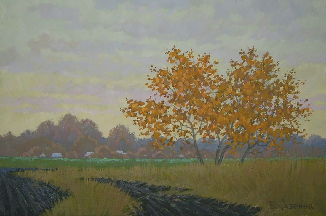 Oil painting Autumn evening in the fields Valery Savenets: NoSav 385Oil painting Autumn evening in the fields Valery Savenets reveals the remarkable professionalism and mature artistic vision of the author. The painter masterfully works with light, building