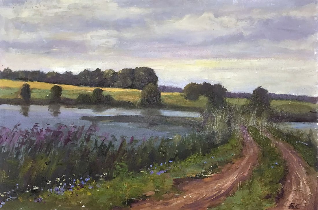 Oil painting The road over the river Boris Serdyuk: NoAAA3196"The Road Over the River" is a captivating Oil painting that invites viewers into a tranquil and enchanting natural landscape. The focal point of the artwork is a winding road that stretches