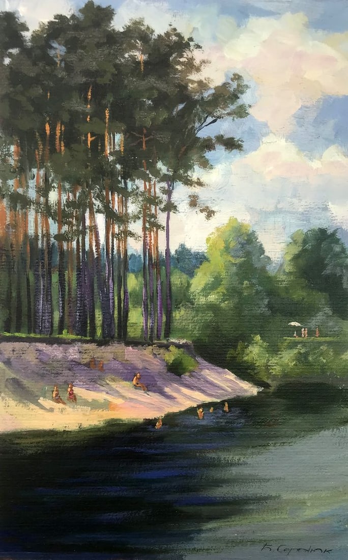 Oil painting Summer Boris Serdyuk: NoAAA3197"Summer" is a captivating Oil painting that beautifully captures the essence of a serene summer day by the river. At the heart of the composition lies the picturesque riverbank, bathed in