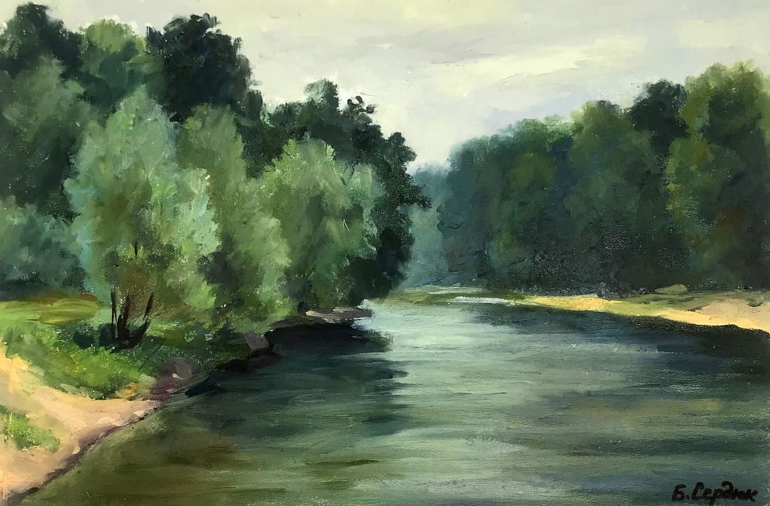 Oil painting River bank Boris Serdyuk: NoAAA3198This oil painting, titled "River bank" offers a serene portrayal of a gentle river landscape. The artist has chosen a soft, impressionistic style to capture the tranquility and the tender car