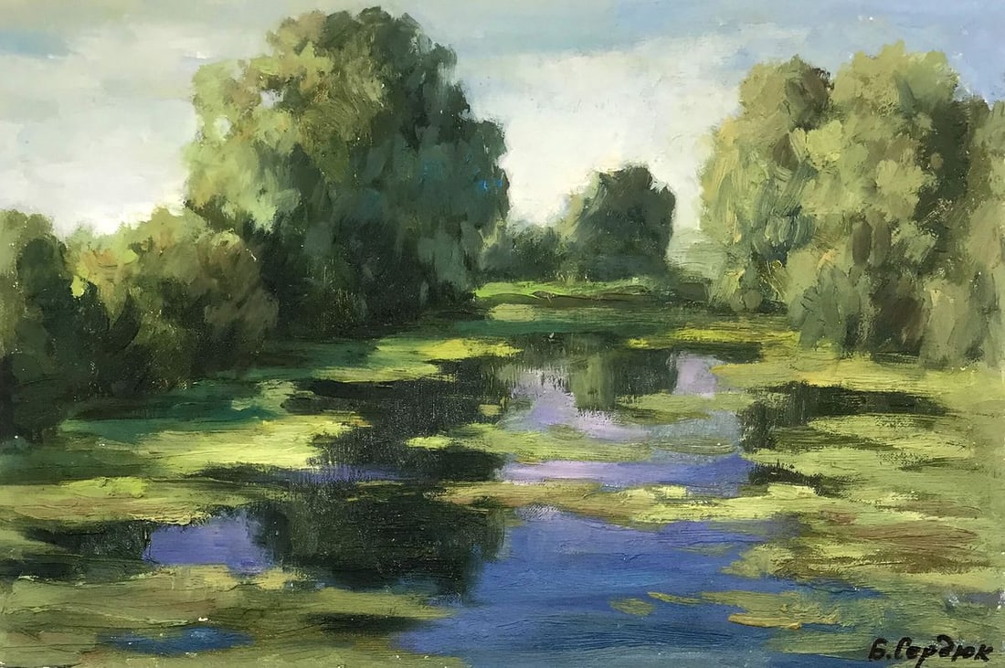 Oil painting Rest Boris Serdyuk: NoAAA3201This oil painting, evocatively titled "Rest," is a serene depiction of a calm and secluded riverscape, where tranquility seems to be the essence of the scene. The artist's technique involves